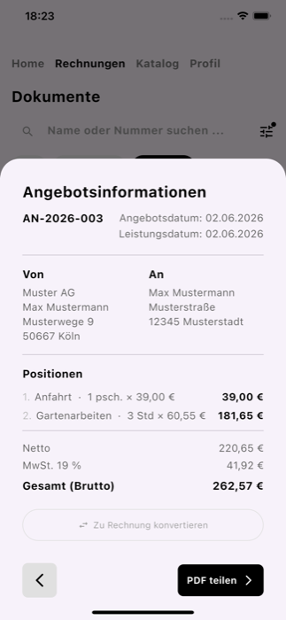billoq Angebot mit Option, es direkt in eine Rechnung umzuwandeln