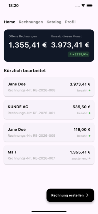 billoq Home-Übersicht mit offenen Rechnungen und Umsatz des Monats