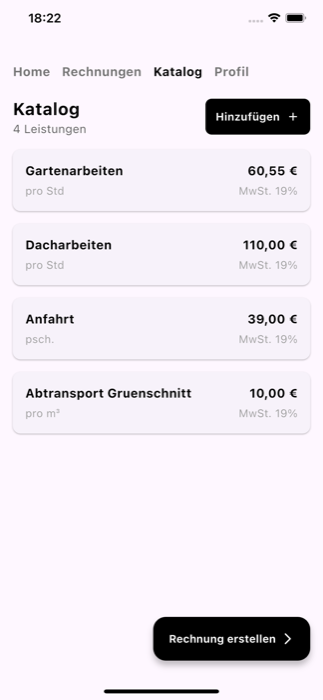 billoq Leistungskatalog mit gespeicherten Positionen und Preisen