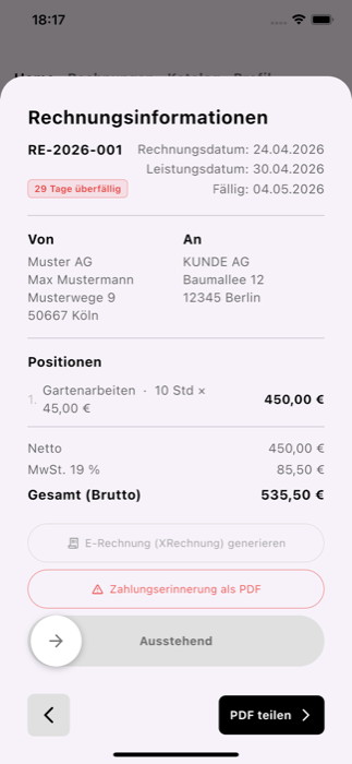 billoq Rechnungsdetail mit XRechnung-Export und Zahlungserinnerung
